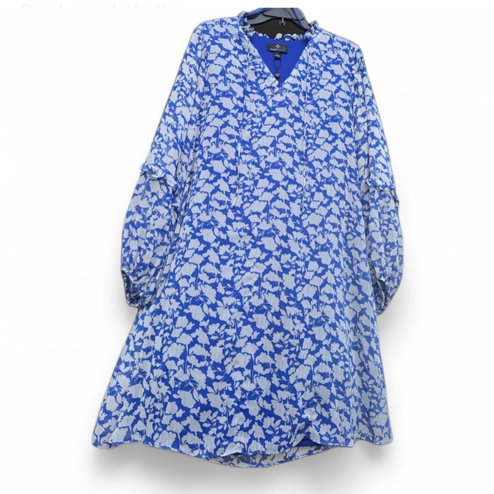 Blue White & Gold Sheer Floral Print Summer Dress New